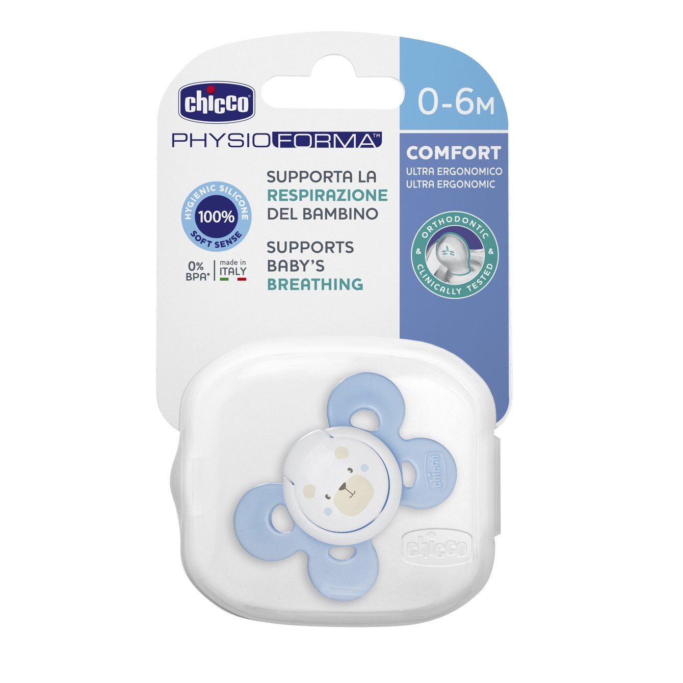 Chicco cumlík Physio Comfort silikonový 0-6m, modrý